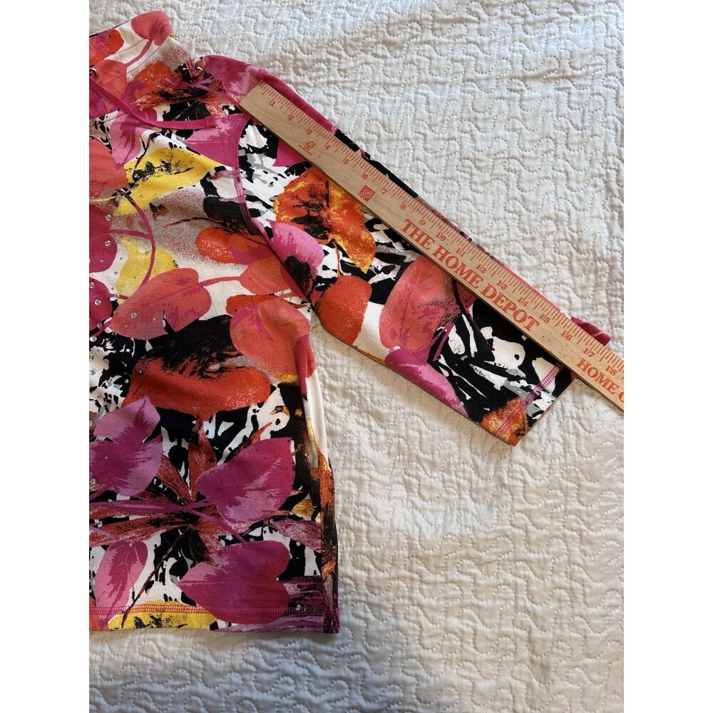 Onque Casuals Leaf Print Zip Up Jacket Large Rhinestone Art to Wear Pink Orange - Picture 5 of 8
